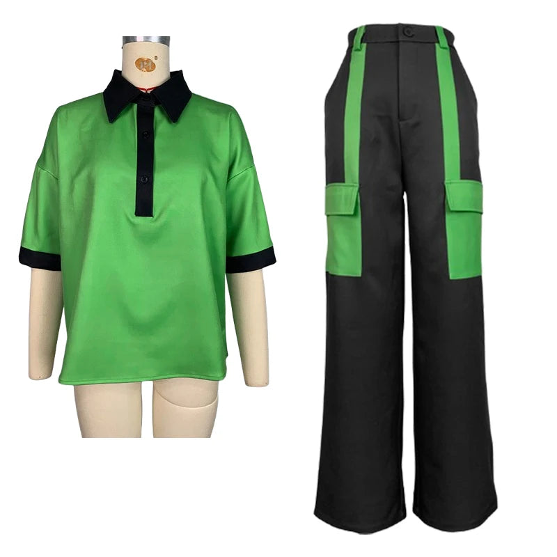 NastyENF Contrary Contrast Color V-Neck Blouse and Pocket Trousers (No belt included)