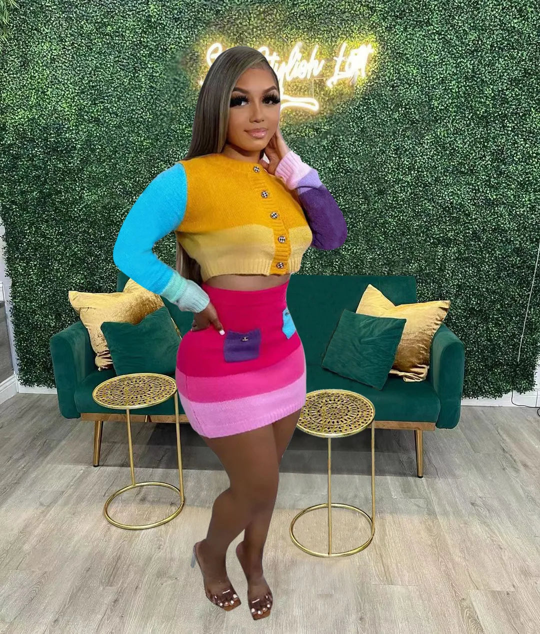 NastyENF Versus Contrast Knitted Two Piece Set with Long Sleeve Cardigan and Mini Skirt