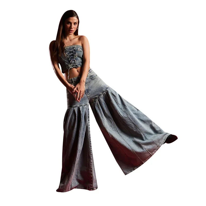 NastyENF Eruption Denim Flare Pant Set with Bandage Tube Crop Top