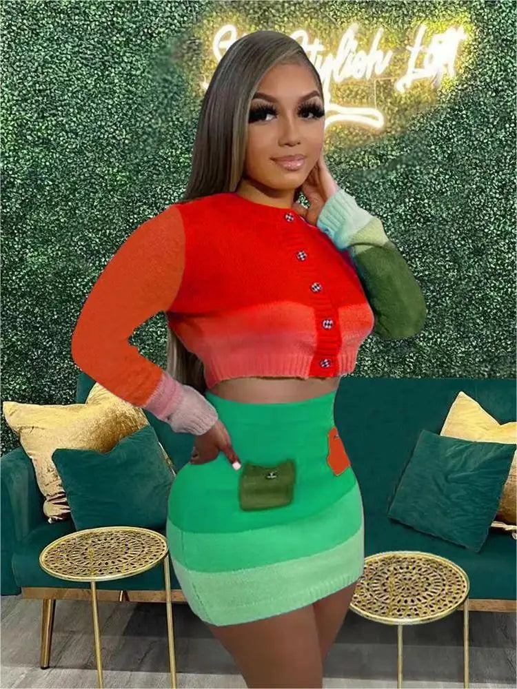 NastyENF Versus Contrast Knitted Two Piece Set with Long Sleeve Cardigan and Mini Skirt