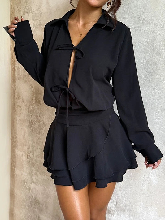 NastyENF Sassiness Sexy Tie-up Long Sleeve A Line Mini Dress