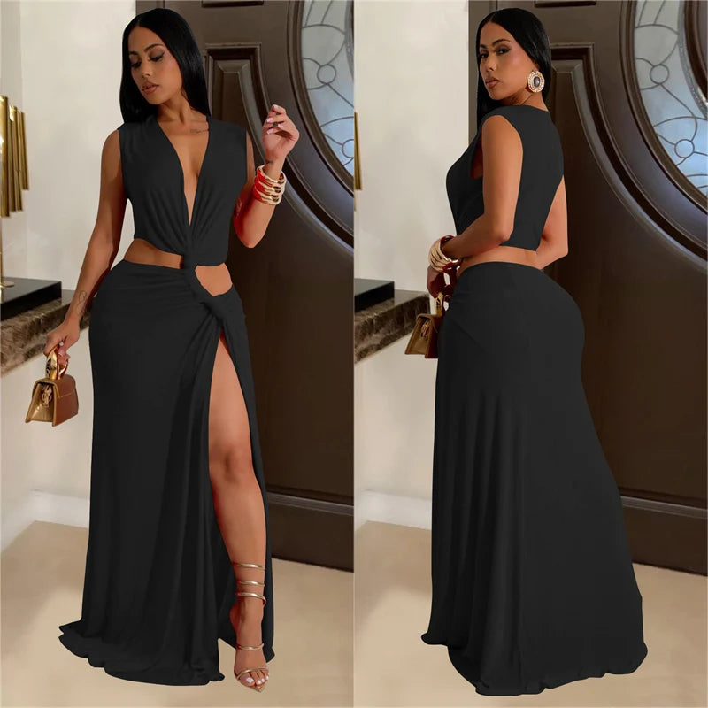 NastyENF All Tied Up Sexy V-neck Ruched Maxi Dress with High Split