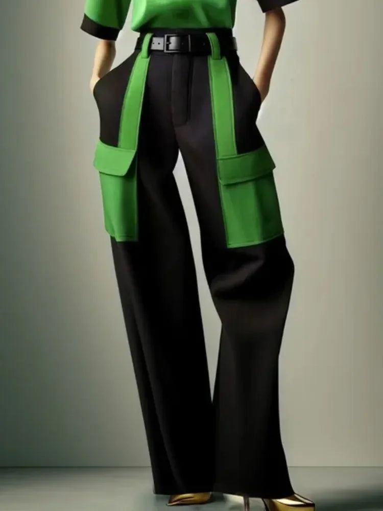 NastyENF Contrary Contrast Color V-Neck Blouse and Pocket Trousers (No belt included)