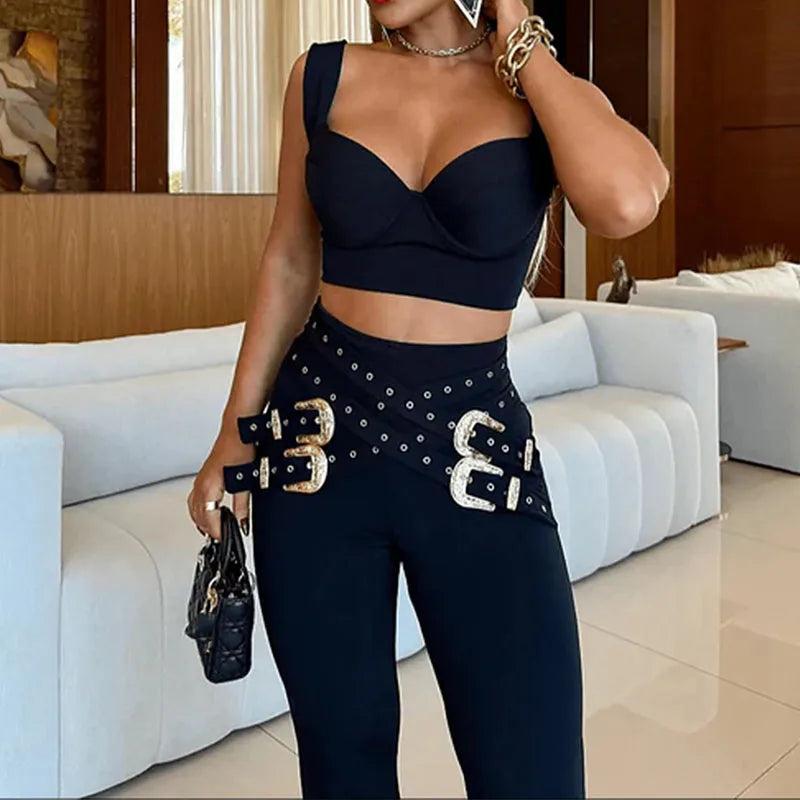 NastyENF Buckle Down Sexy V-neck Sling Top & Long Flare Pant
