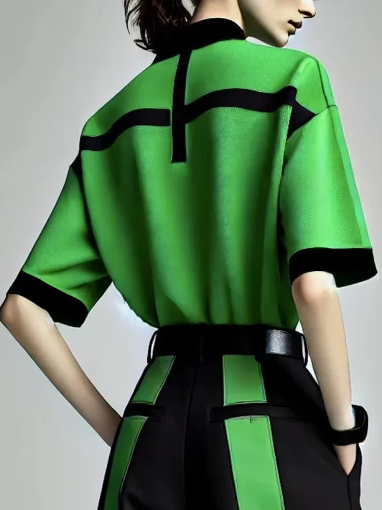 NastyENF Contrary Contrast Color V-Neck Blouse and Pocket Trousers (No belt included)