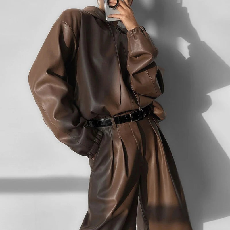 NastyENF Say Less Faux Leather Hooded Set with High Waist Knee Length Shorts