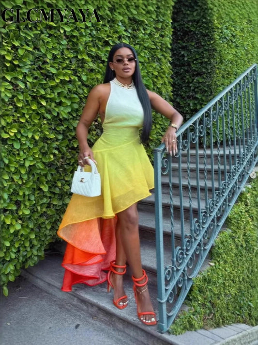 NastyENF Sunsets O-neck Gradient Print Sleeveless Mermaid Dress