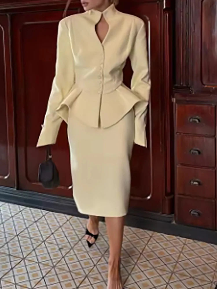 NastyENF Established Sexy V Neck Button Top and Skirt Suit