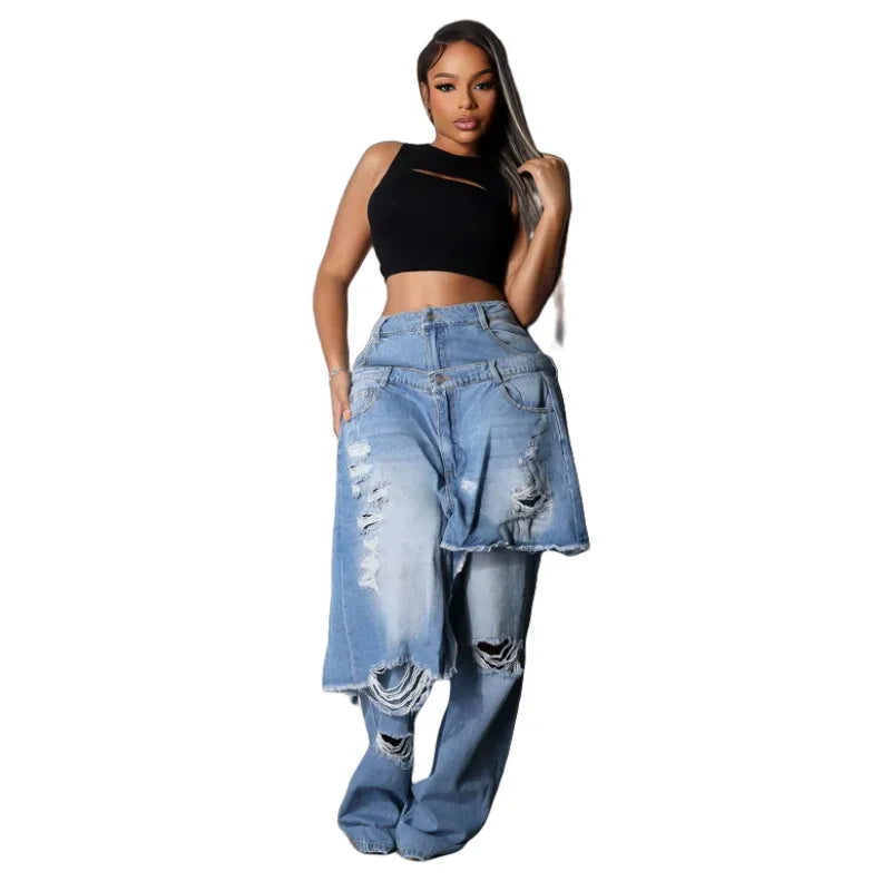 NastyENF Decisions Retro Sexy Irregular High Waist Ripped Jeans