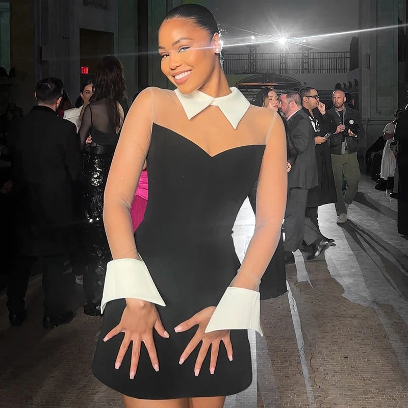 NastyENF Never Basic New Lapel Mesh Patchwork A-Line Dress