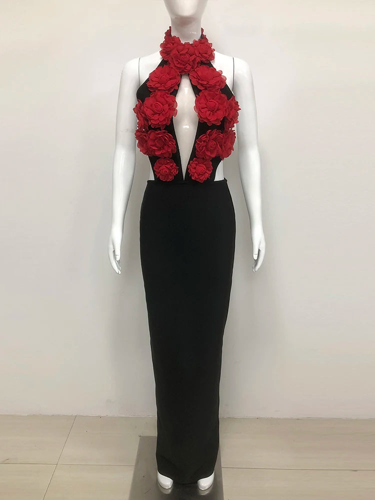 NastyENF Coming Up Roses Sexy Halter 3D Flower Backless Lace-up Bodycon Dress