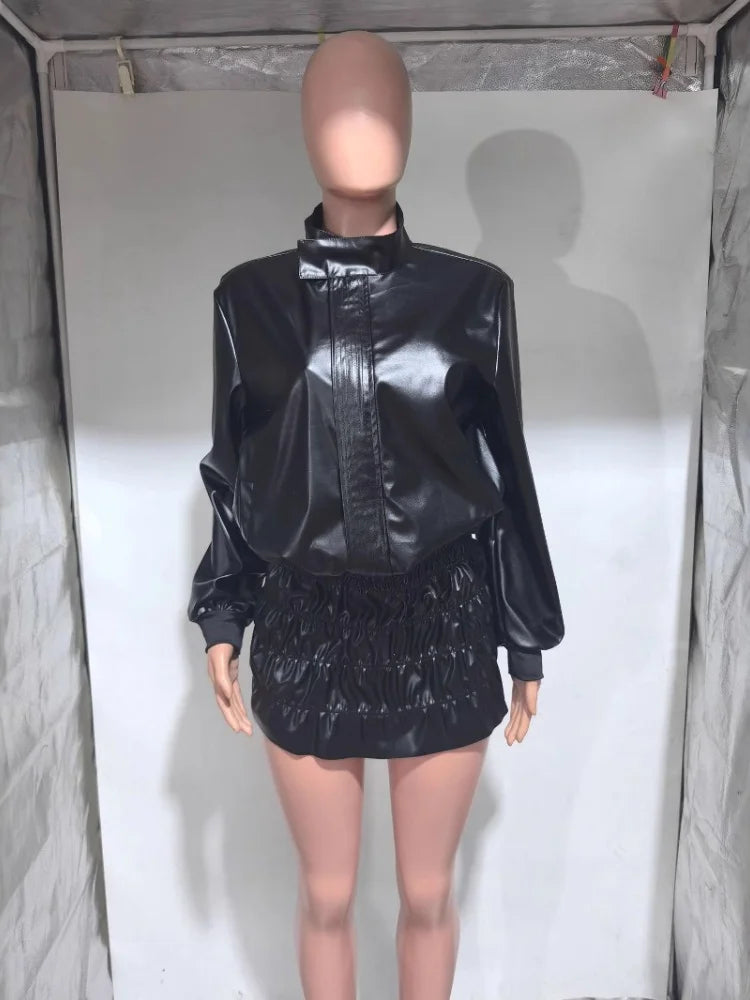 NastyENF Decompressed Faux Leather Two Piece Skirt Set