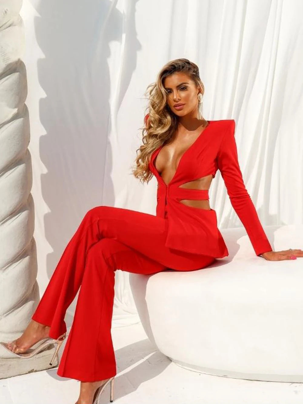 NastyENF Cut It Out Sexy V-neck Long Sleeve Jacket+High Waist Flare Pants with Cutout Detail