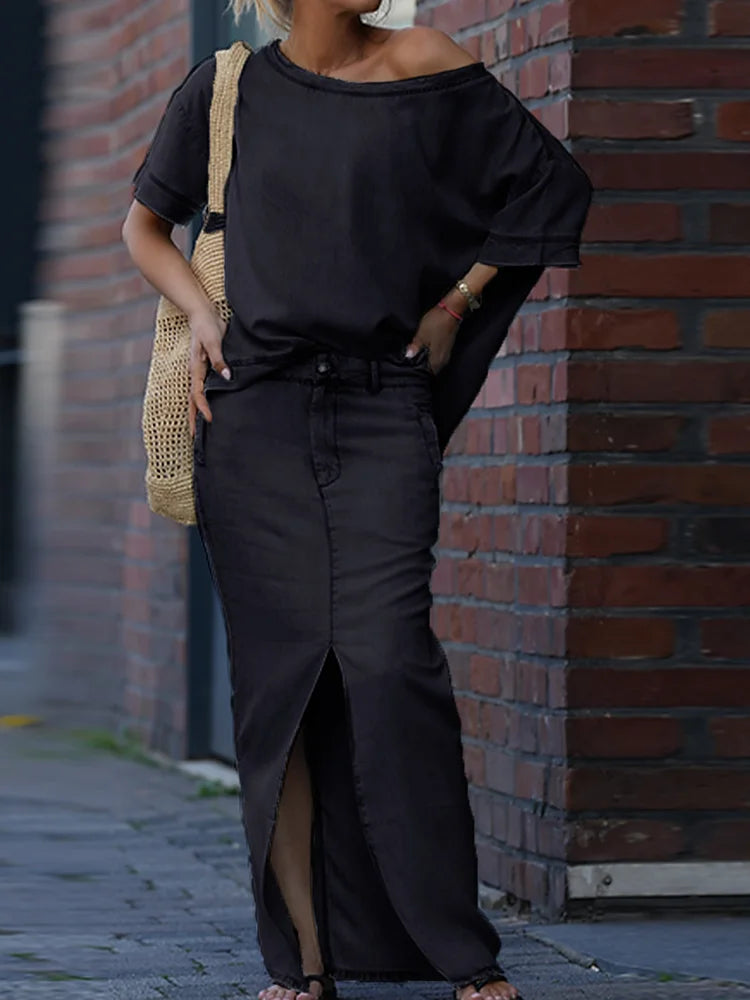 NastyENF Unbothered Skew Collar Two Piece Casual Skirt Suit