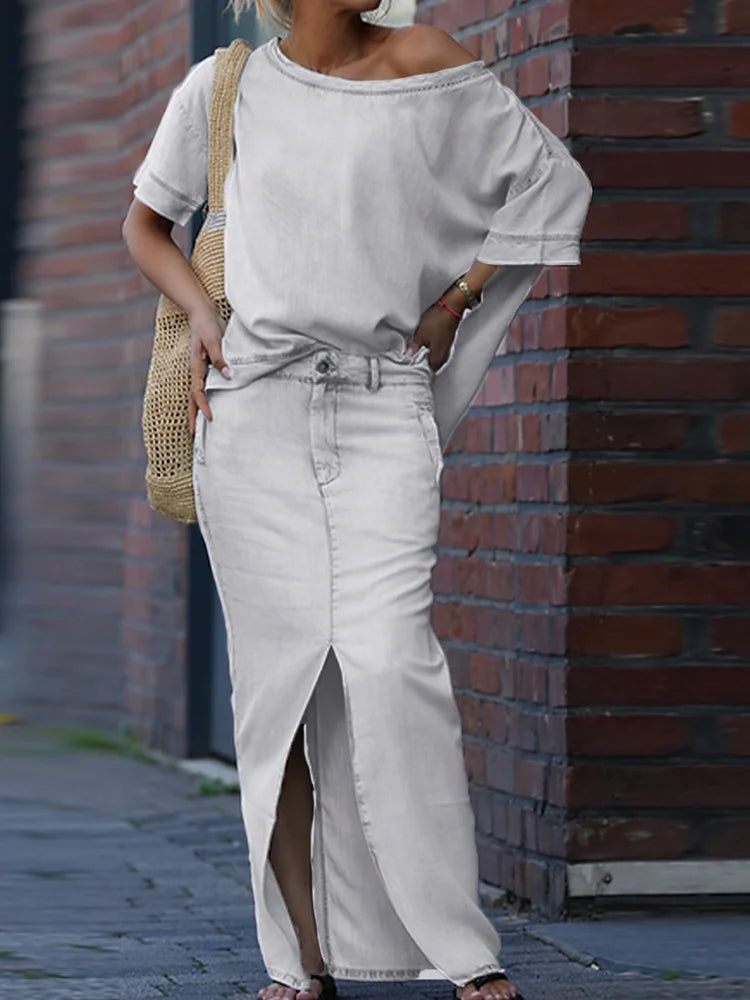 NastyENF Unbothered Skew Collar Two Piece Casual Skirt Suit