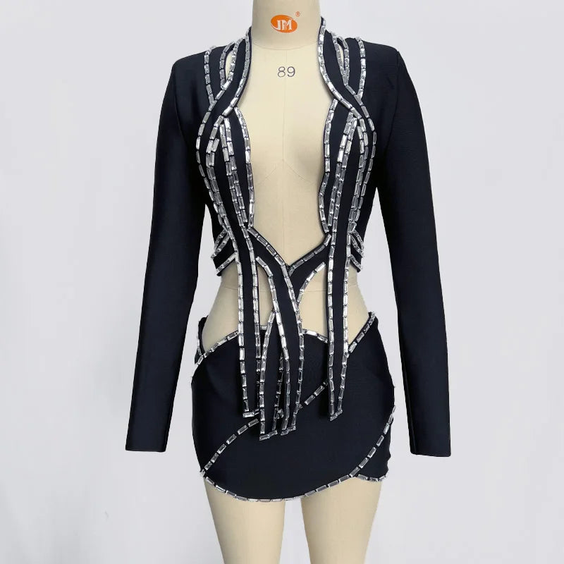 NastyENF Unapologetic Shining Crystal Bodycon Skirt Set