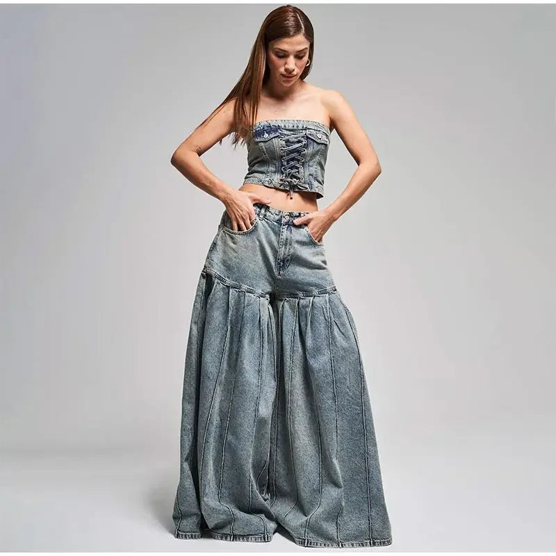 NastyENF Eruption Denim Flare Pant Set with Bandage Tube Crop Top