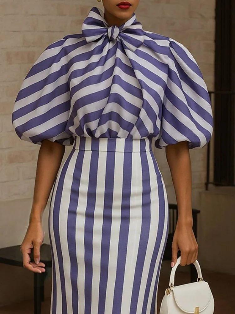 NastyENF Bow Down Long Striped Skirt Set with Puff Sleeves and Bow