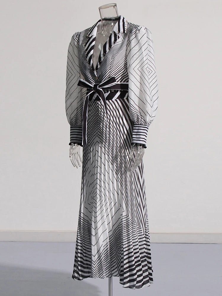 NastyENF Peripheral Striped V Neck Lantern Sleeve Top and High Waist A Line Skirt