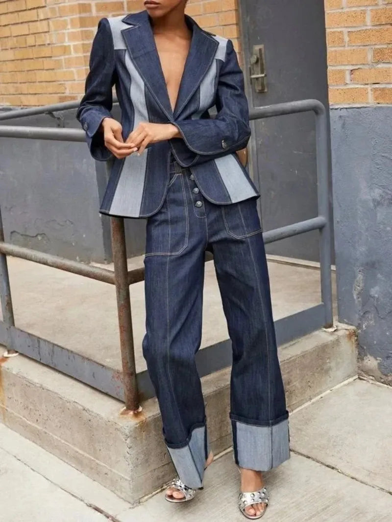 NastyENF TGIF Patchwork Jean Set with Loose Bottoms and Deep V-Neck