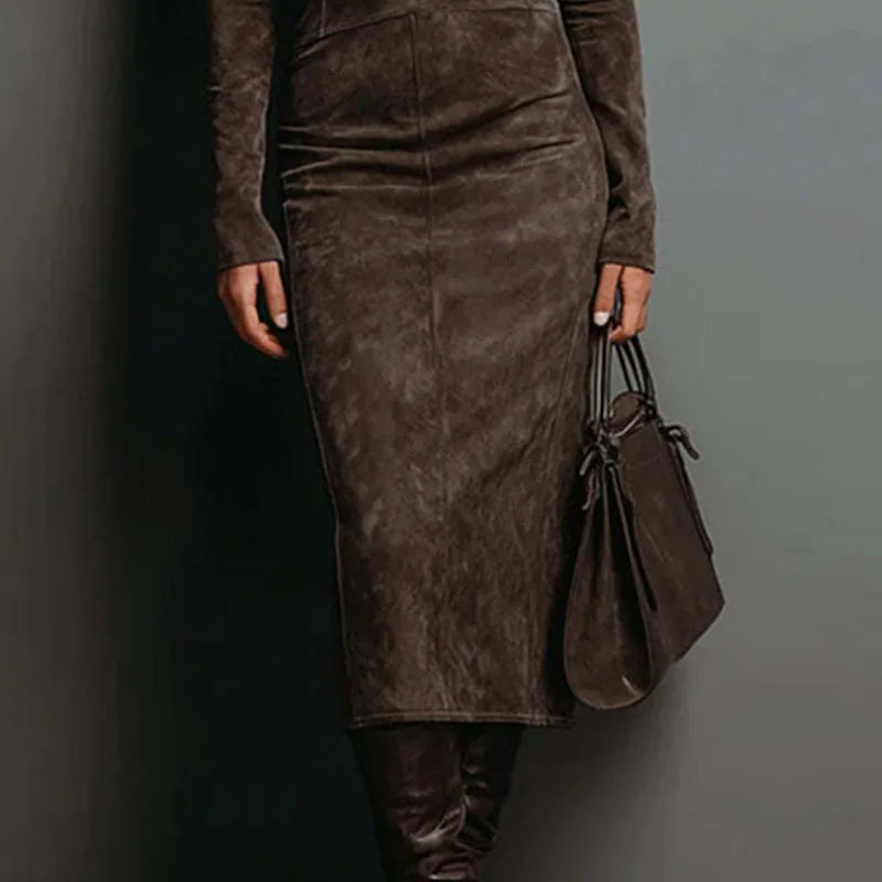 NastyENF Chocolate Drops Retro Suede Turtleneck High Waist Party Dress