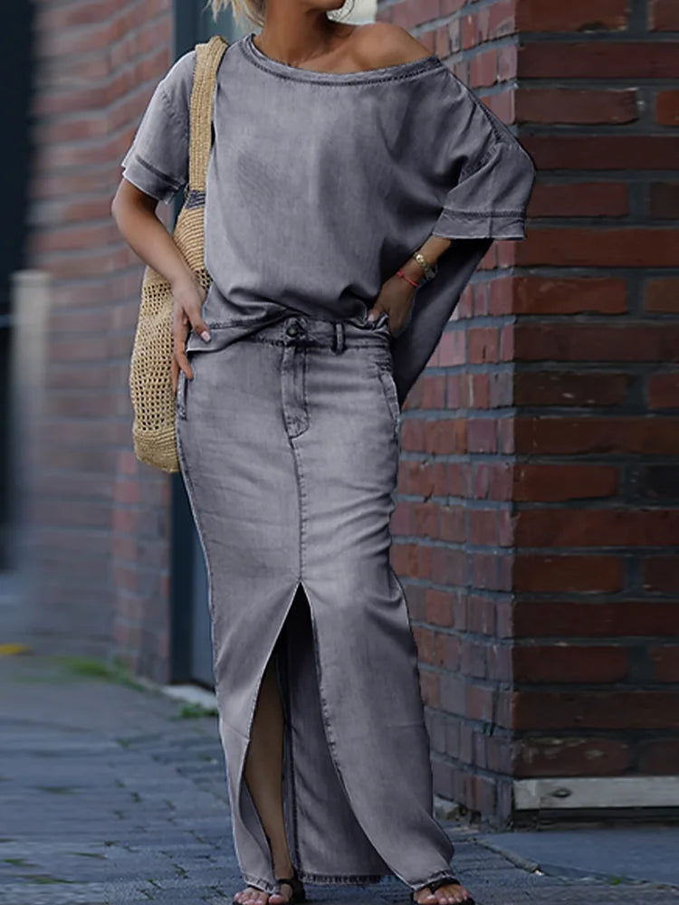 NastyENF Unbothered Skew Collar Two Piece Casual Skirt Suit