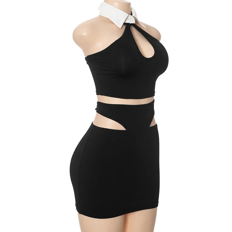 NastyENF Bunny Tails Black Halter Crop Top Skirt Set