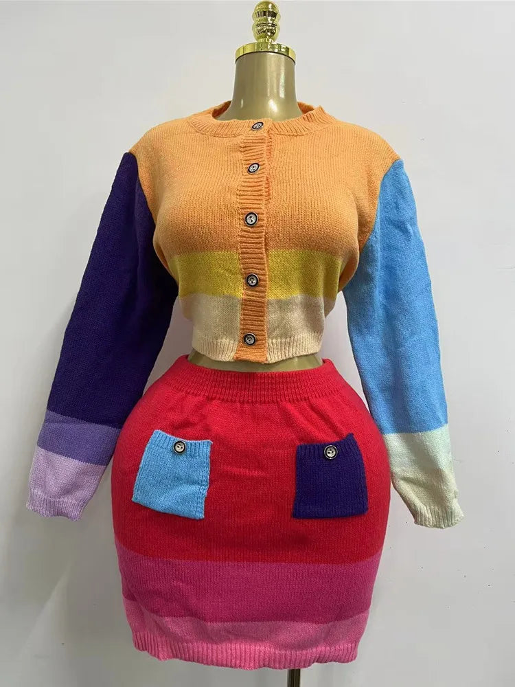 NastyENF Versus Contrast Knitted Two Piece Set with Long Sleeve Cardigan and Mini Skirt