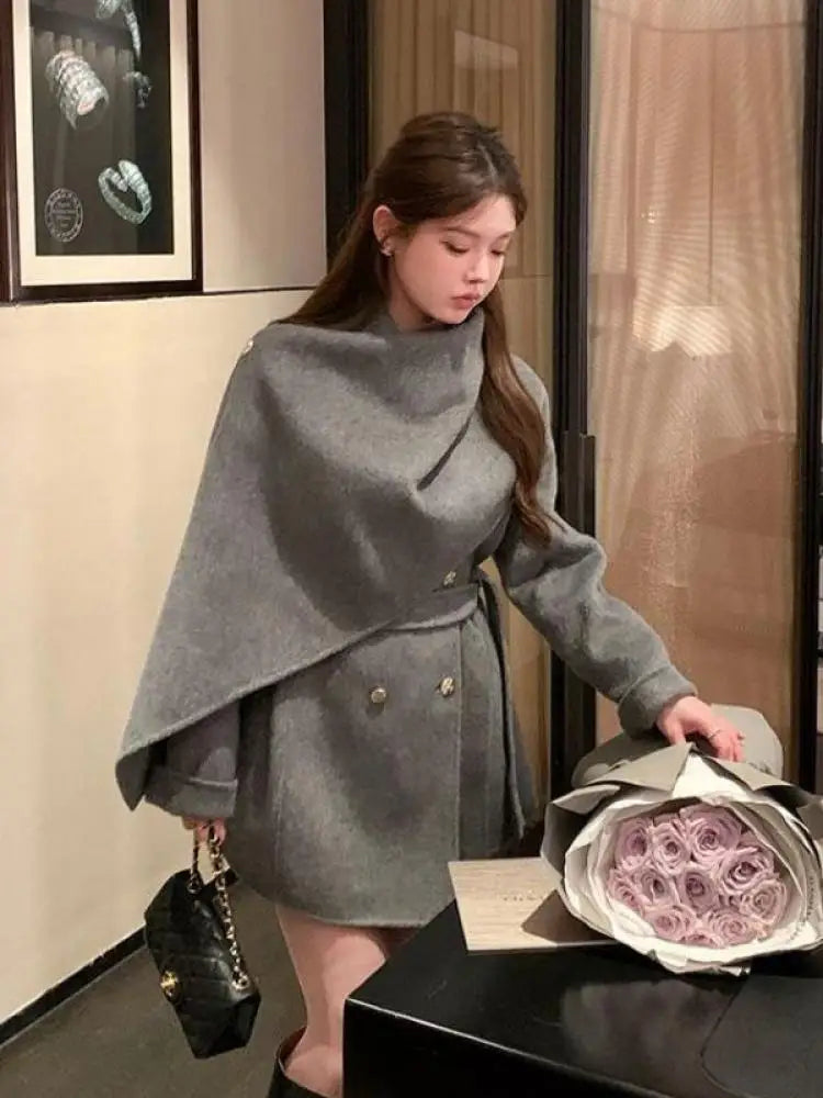 NastyENF Sidetracked  Double Breasted Lace-up Coat with Shawl Scarf