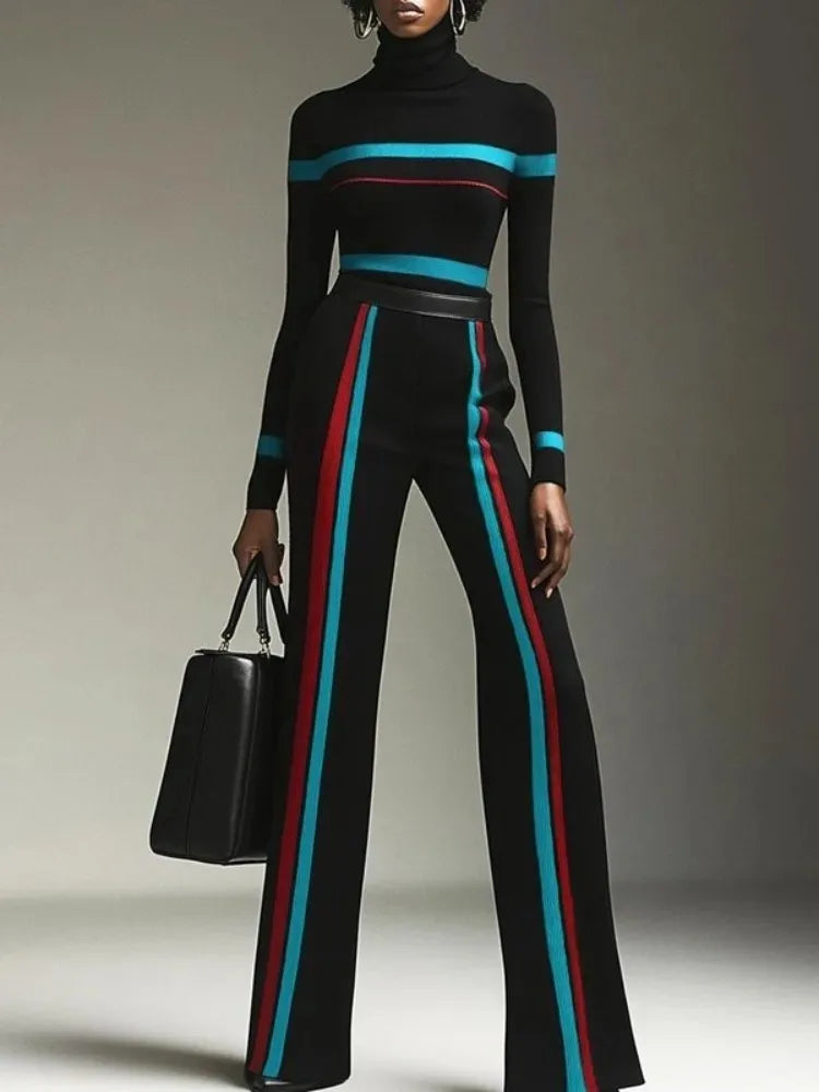 NastyENF Cozy Days Contrast Color Striped Turtleneck Sweater and High Waist Straight Pants