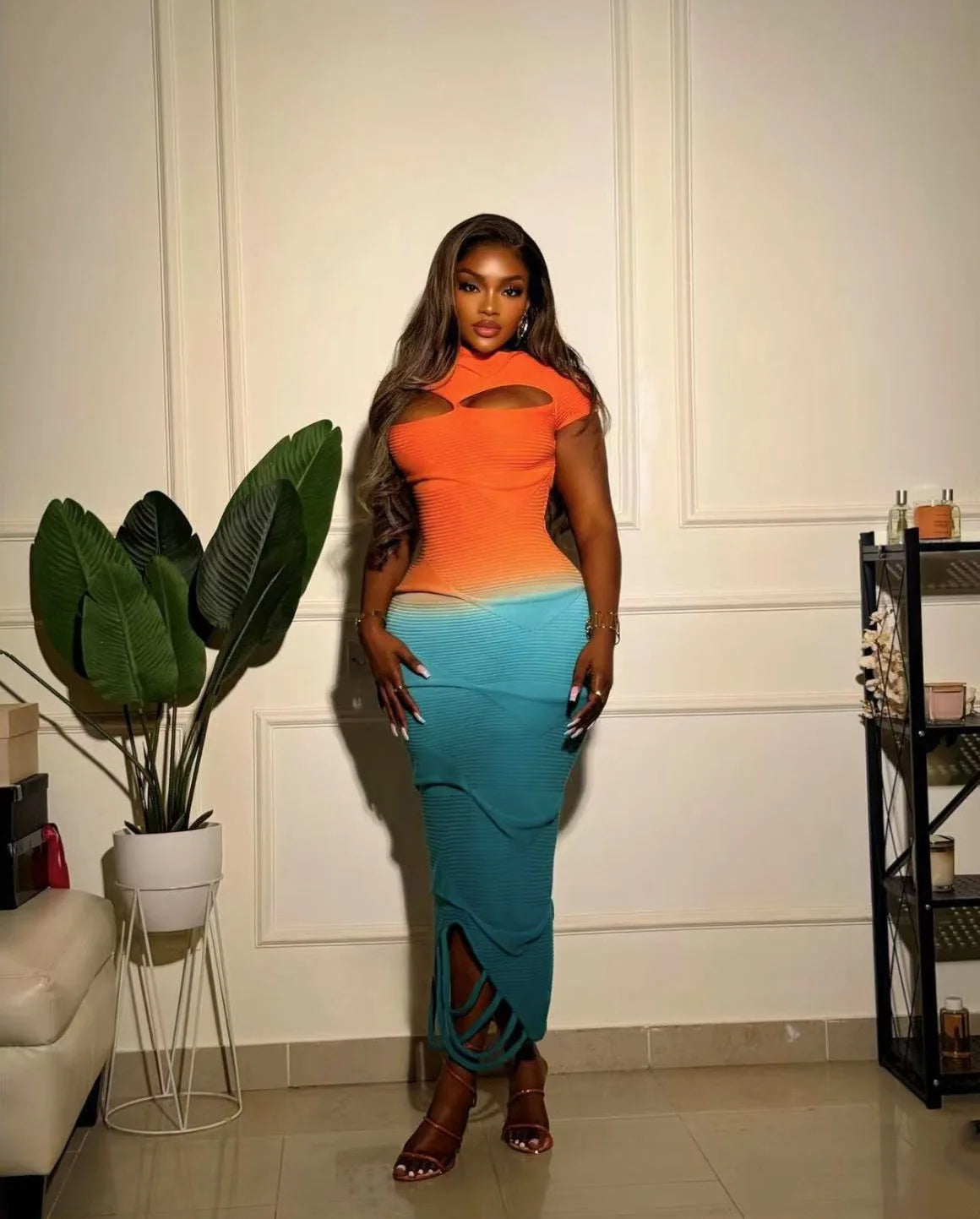 NastyENF Radiance Sexy Long Gradient Knitted Sweater Dress with Cutout detail