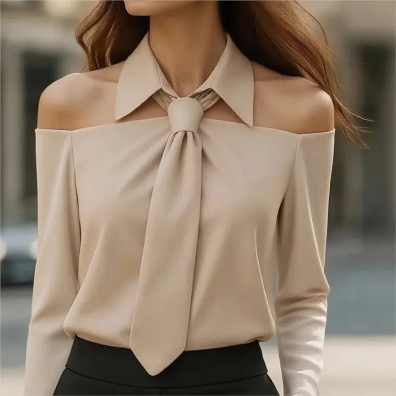 NastyENF Cut Him Off Elegant Off Shoulder Blouse with Necktie