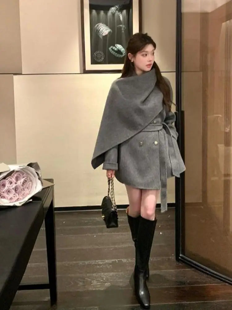 NastyENF Sidetracked  Double Breasted Lace-up Coat with Shawl Scarf