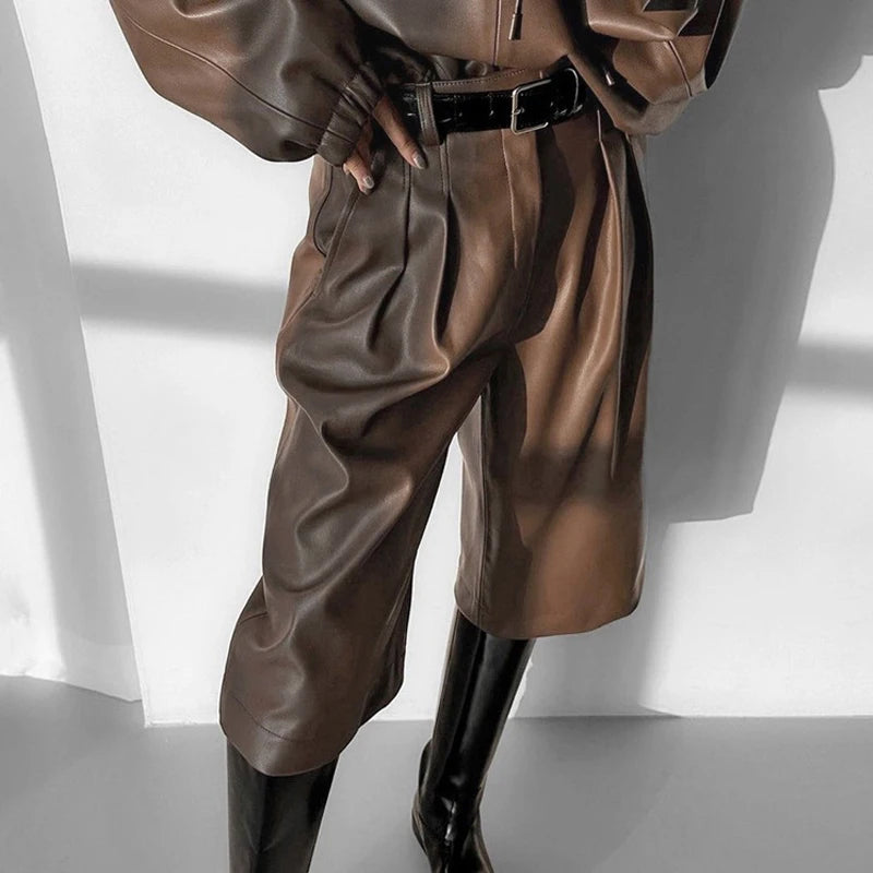 NastyENF Say Less Faux Leather Hooded Set with High Waist Knee Length Shorts