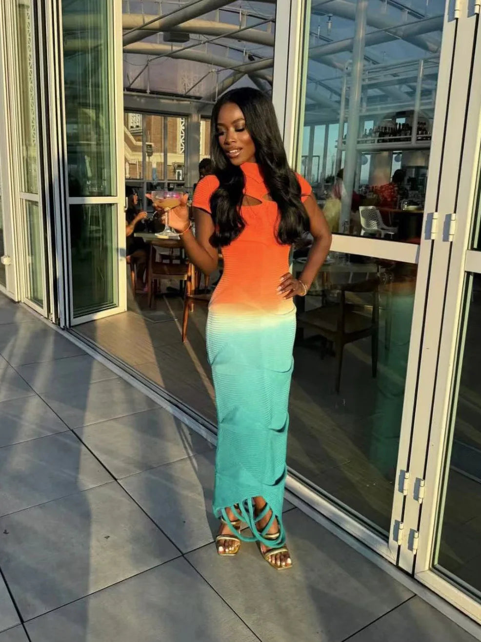 NastyENF Radiance Sexy Long Gradient Knitted Sweater Dress with Cutout detail