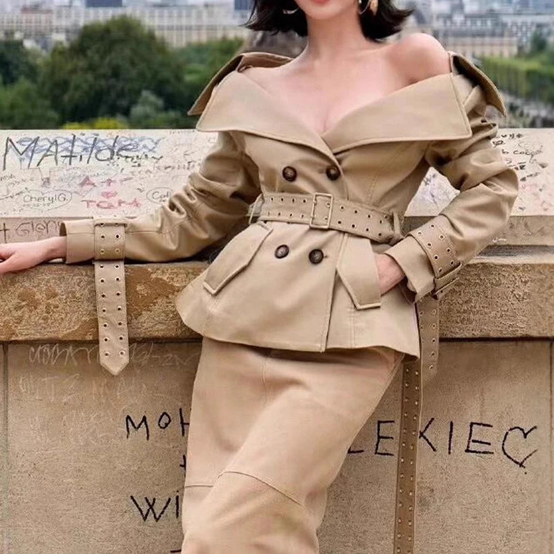 NastyENF In The Trenches Sexy Double-Breasted Short Trench Coat and Wrapped Skirt