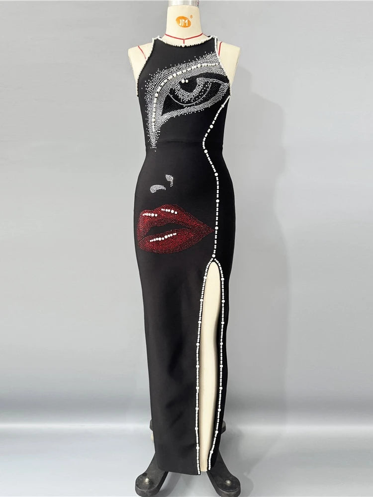 NastyENF Smooches Sexy O Neck Pearl and Diamonds Beaded Bandage Dress