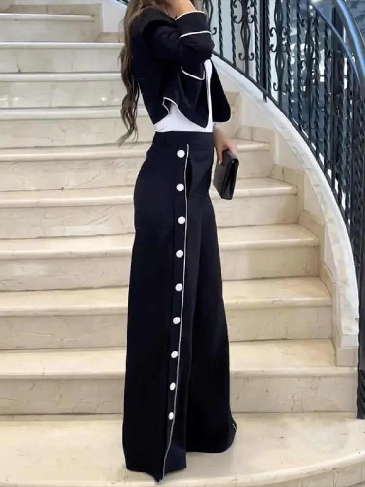 NastyENF Snapping Out Casual Pants Set with Notched Collar and High Waist Side Buttoned Pants