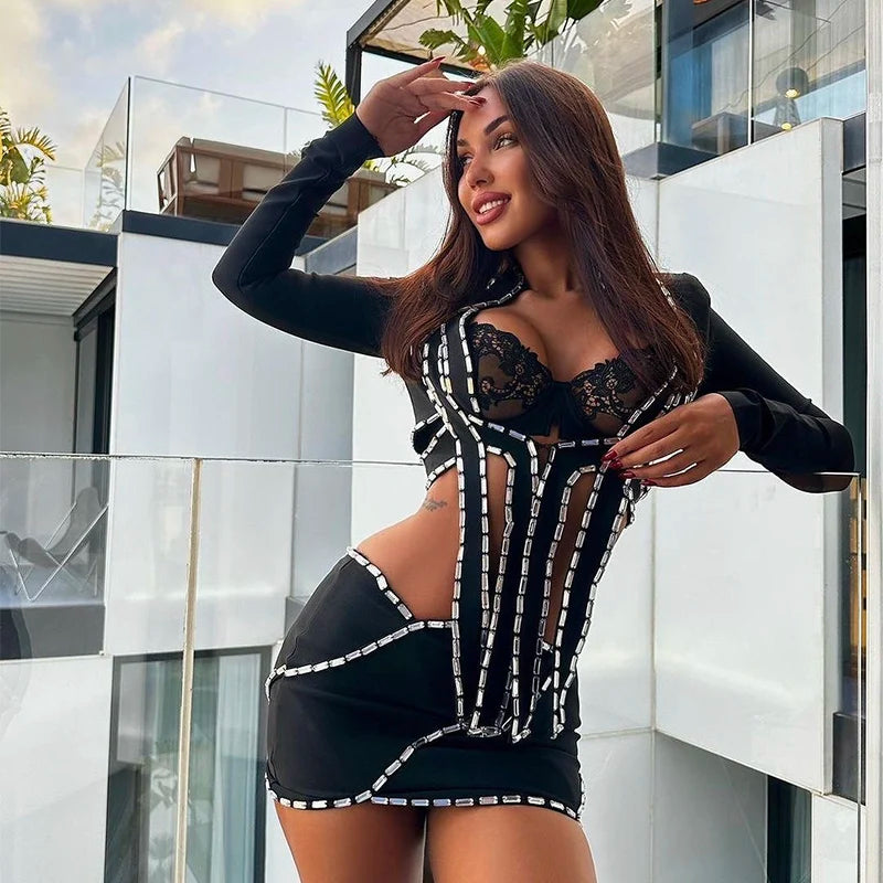 NastyENF Unapologetic Shining Crystal Bodycon Skirt Set