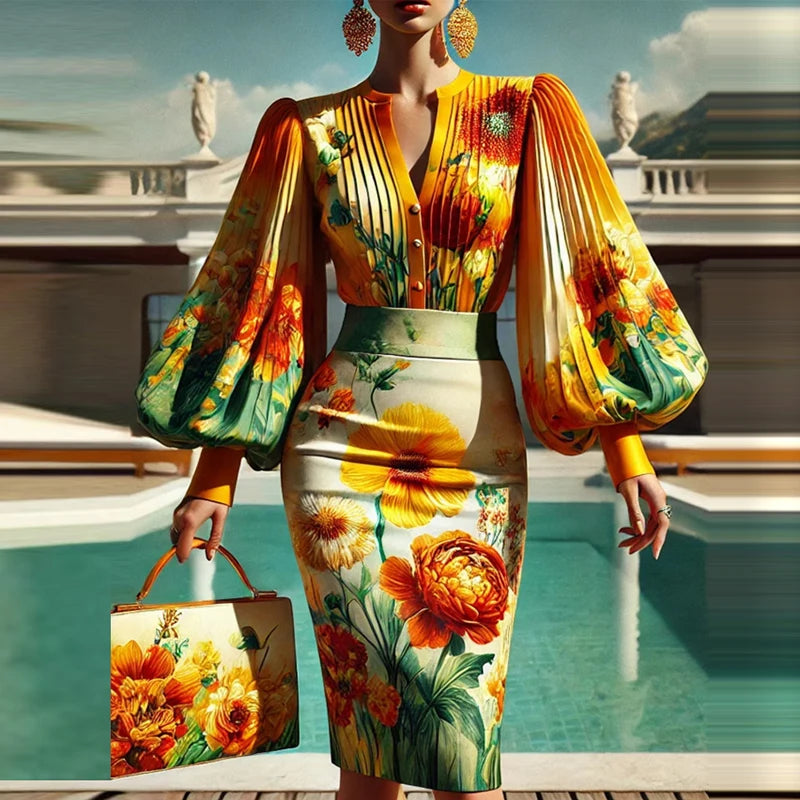 NastyENF Up and Coming Sexy Floral Print Two Piece Set with Lantern Sleeve