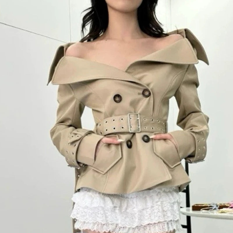 NastyENF In The Trenches Sexy Double-Breasted Short Trench Coat and Wrapped Skirt