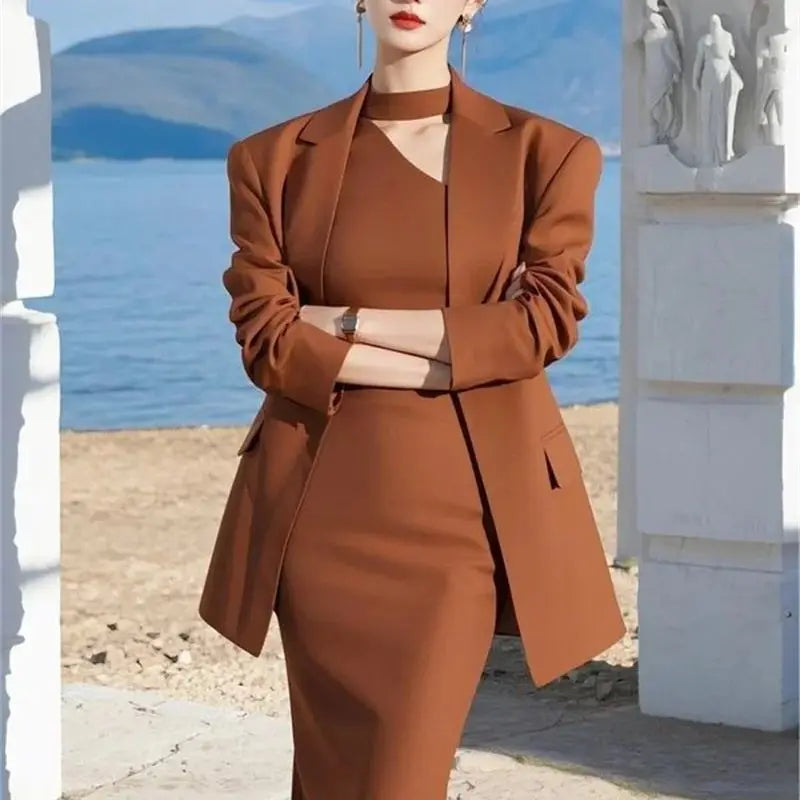 NastyENF Classified Skirt Set with Elegant Blazer+Halter Neck Midi Dress