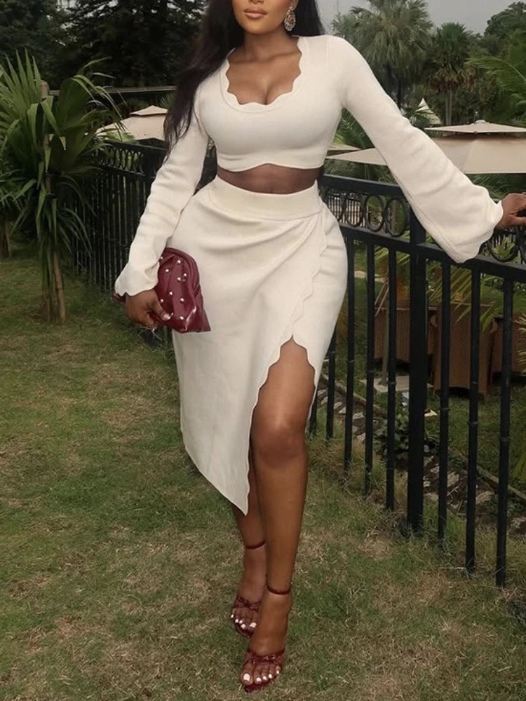 NastyENF Scalloped Sexy Wave Cut Two Piece Skirt Set with Flared Sleeves and Side Slit