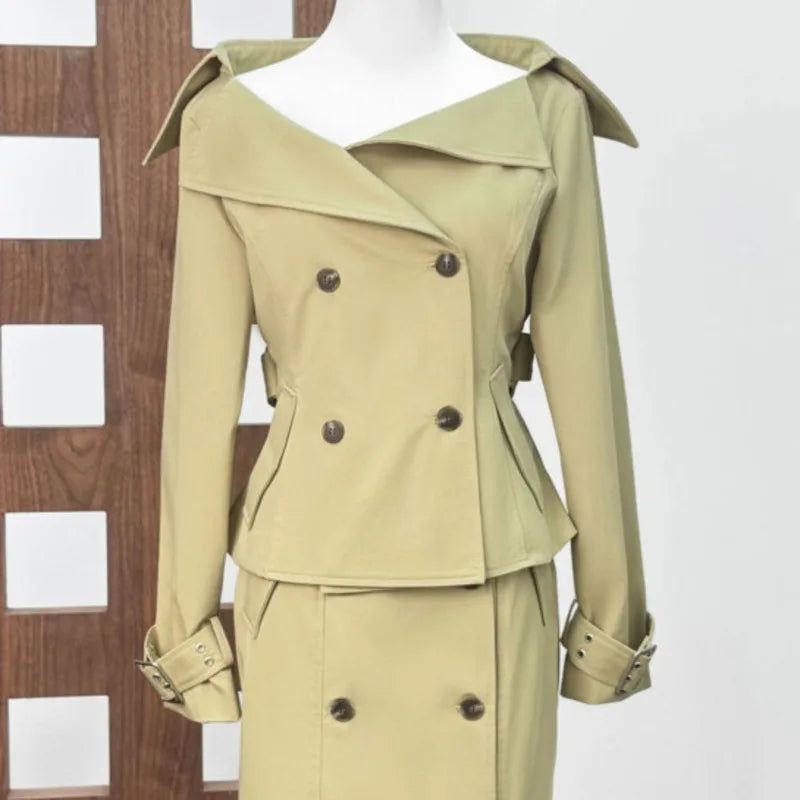 NastyENF In The Trenches Sexy Double-Breasted Short Trench Coat and Wrapped Skirt