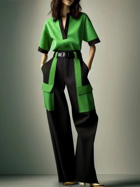 NastyENF Contrary Contrast Color V-Neck Blouse and Pocket Trousers (No belt included)