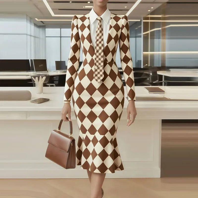 NastyENF Standing On Business Elegant Lattice Print Fishtail Dress