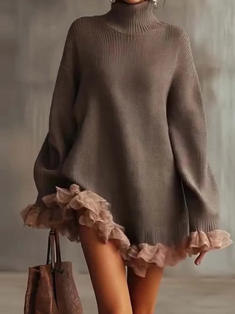 NastyENF Vixen High Neck Wool Knitted Ruffle Edge Mini Party  Dress