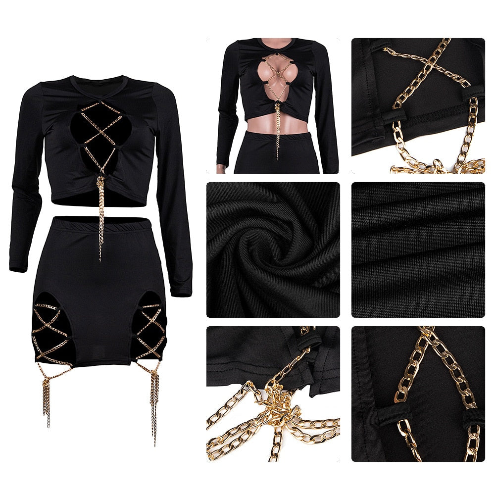 NastyENF Escapades Sexy Black Chain Mini Skirt Set