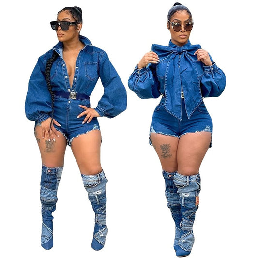 NastyENF Gifted Denim Romper with Bow Tie