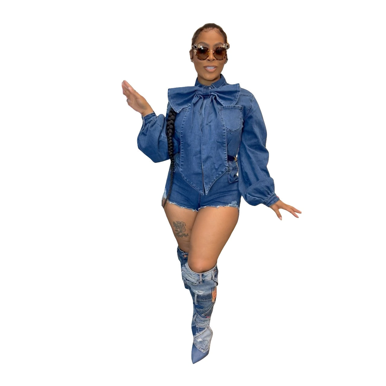 NastyENF Gifted Denim Romper with Bow Tie